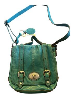 Fossil Maddox Teal Green Leather Crossbody Purse Bag With Keychain